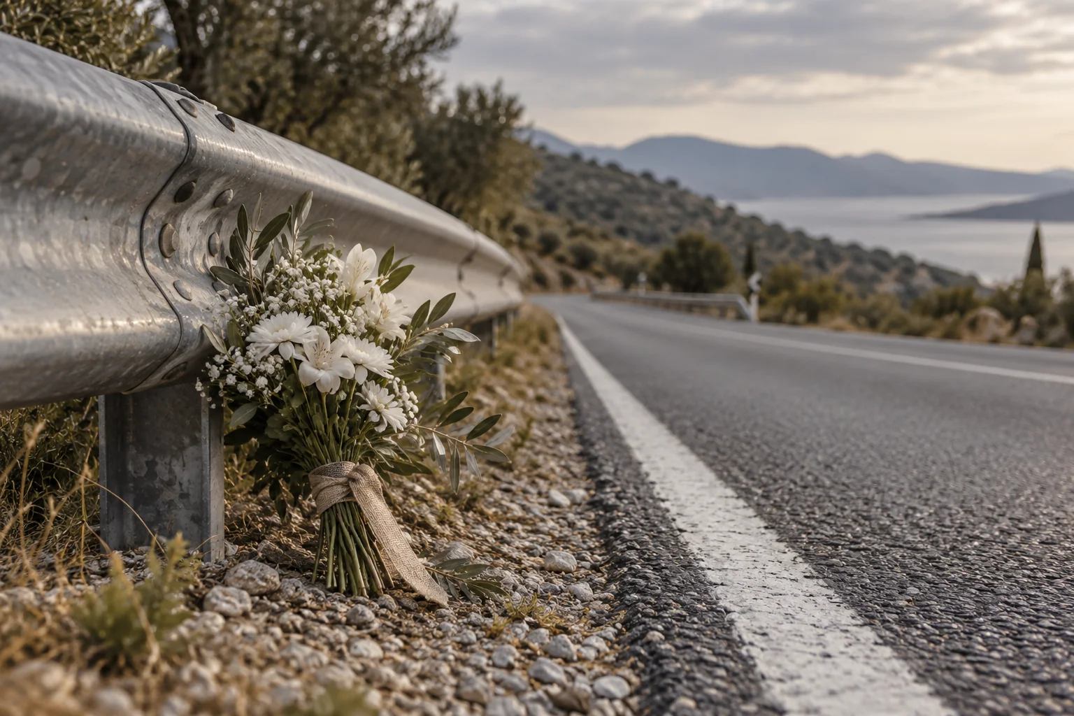 Yol kenarındaki bariyere bırakılmış çiçekler